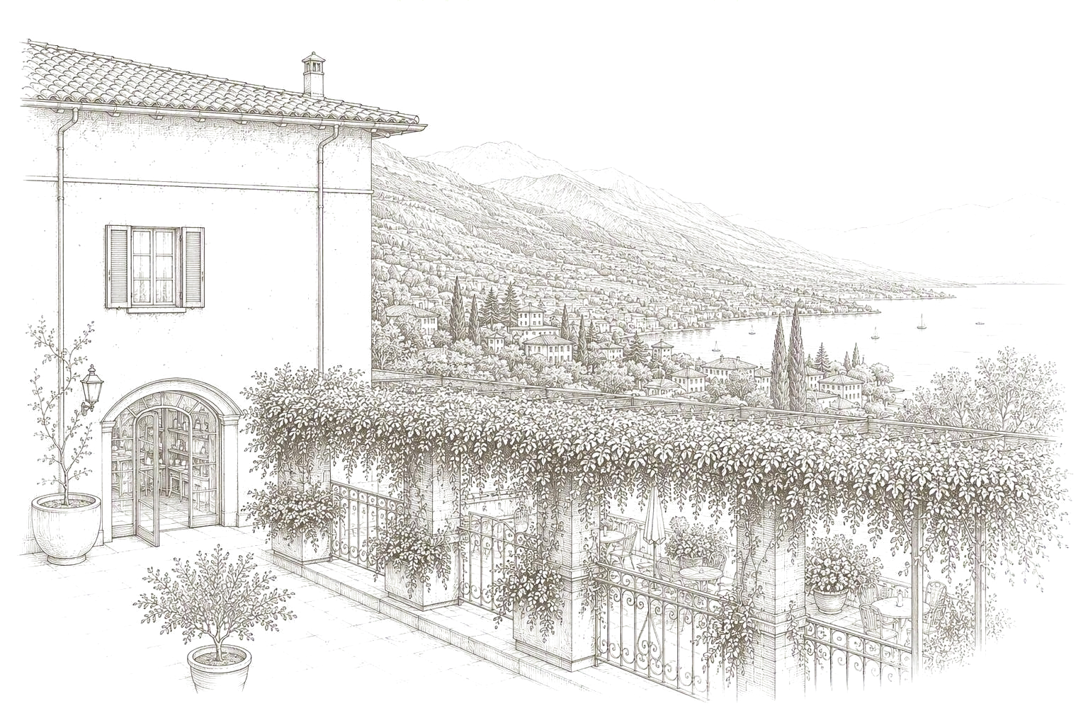 Fine-Line-Illustration der Villa Arcadio mit Blick auf den Gardasee